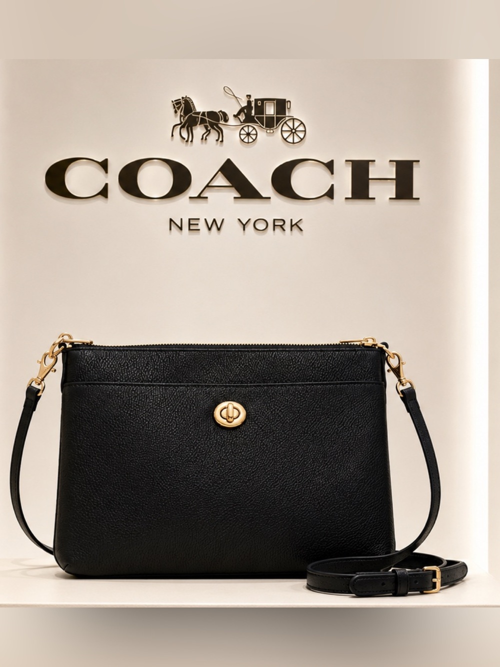 Coach Black Pebbled Leather Crossbody with Gold Turnlock C-3378